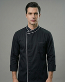 BLACK CHEFCOAT WITH WHITE PIPING AND EMBROIDERY ON COLLAR AND FRONT