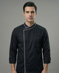 BLACK CHEFCOAT WITH WHITE PIPING AND EMBROIDERY ON COLLAR AND FRONT