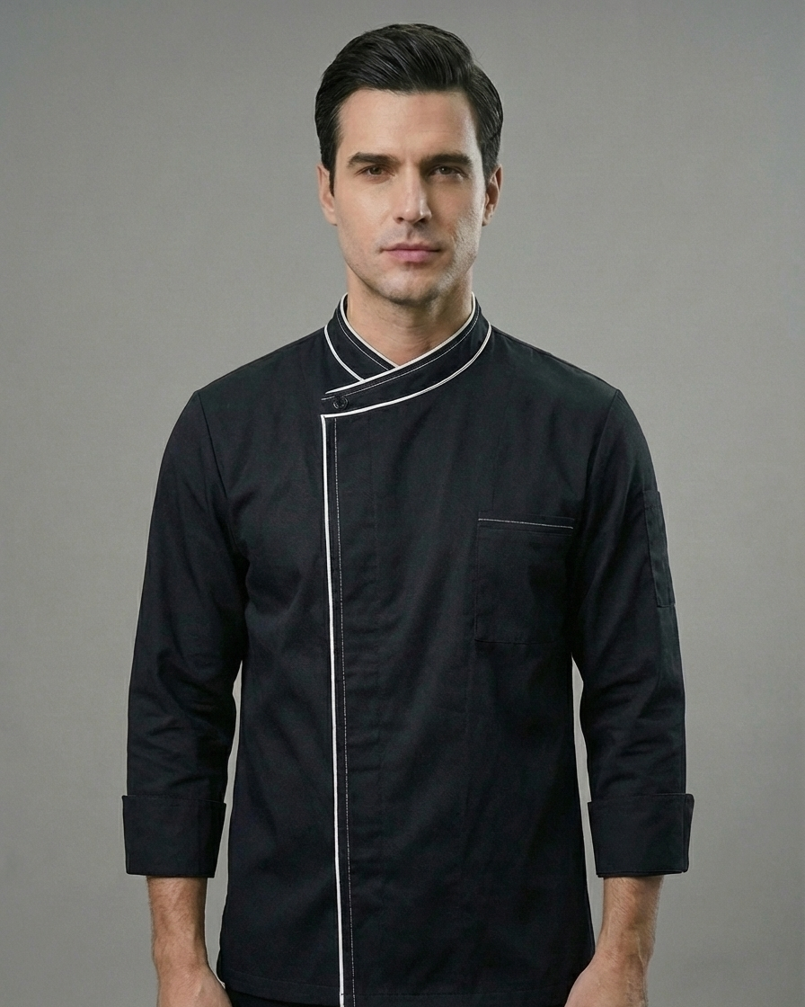 BLACK CHEFCOAT WITH WHITE PIPING AND EMBROIDERY ON COLLAR AND FRONT