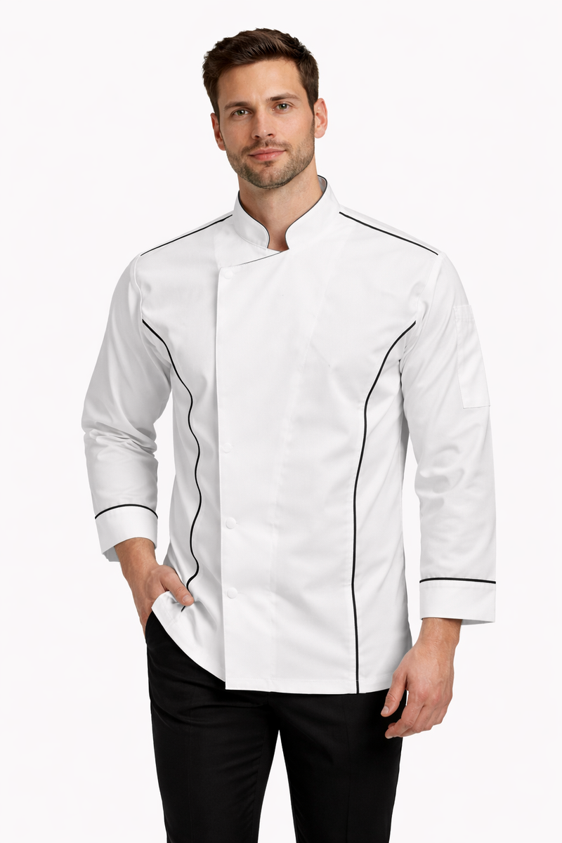 WHITE CHEFFCOAT WITH BLACK PIPING