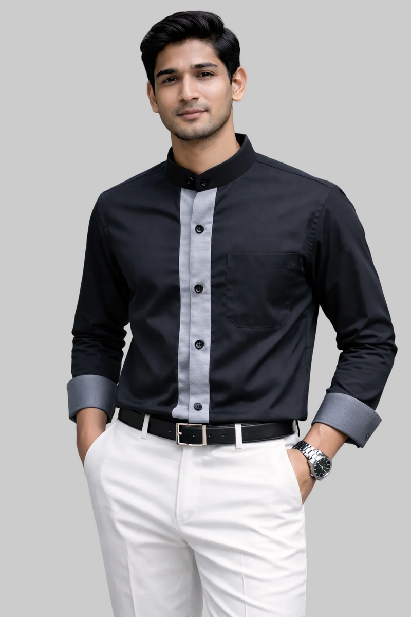 BLACK ROUND COLLAR SHIRT WITH GRAY STRIPS