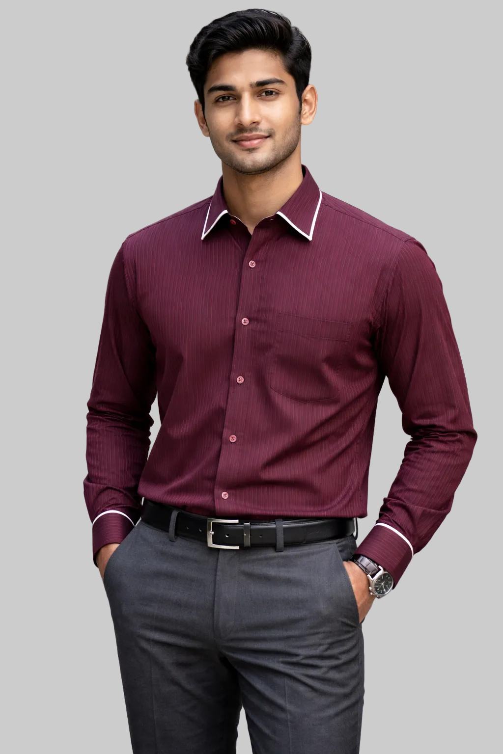 MAROON SHIRT WITH FAWN STRIPS