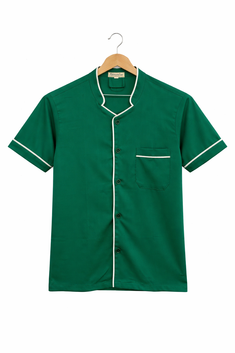 GREEN HOUSEKEEPING COAT WITH WHITE STRIPS