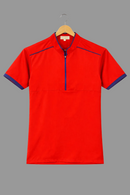 RED HOUSEKEEPING COAT WITH BLUE STRIPS AND FRONT CHAIN