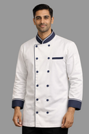 EXECUTIVE WHITE CHEFCOAT WITH BLUE BUTTONS AND DESIGN