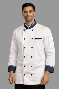EXECUTIVE WHITE CHEFCOAT WITH BLUE BUTTONS AND DESIGN