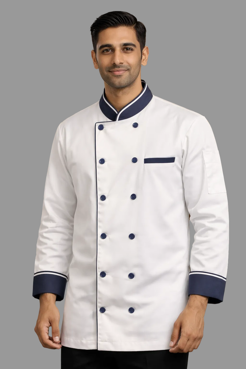 EXECUTIVE WHITE CHEFCOAT WITH BLUE BUTTONS AND DESIGN