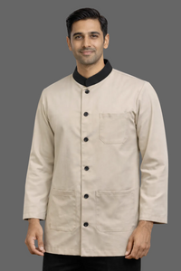 FAWN HOUSEKEEPING COAT WITH BLACK COLAR AND BLACK BUTTON