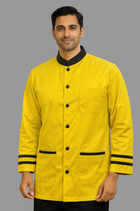 YELLOW HOUSEKEEPING COAT WITH BLACK COLAR