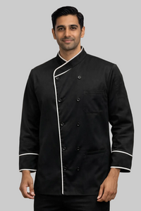 BLACK CHEFCOAT WITH WHITE PIPING
