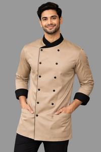 EXECUTIVE FAWN CHEFCOAT WITH BLACK COLLAR AND BUTTONS