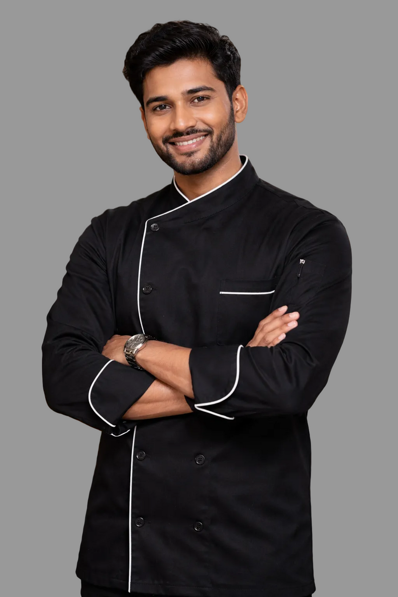 EXECUTIVE BLACK CHEFCOAT WITH WHITE PIPING