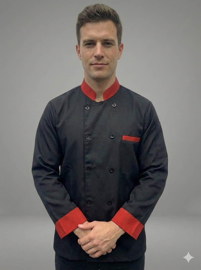 EXCUTIVE CHEFCOAT BLACK WITH RED COLLAR