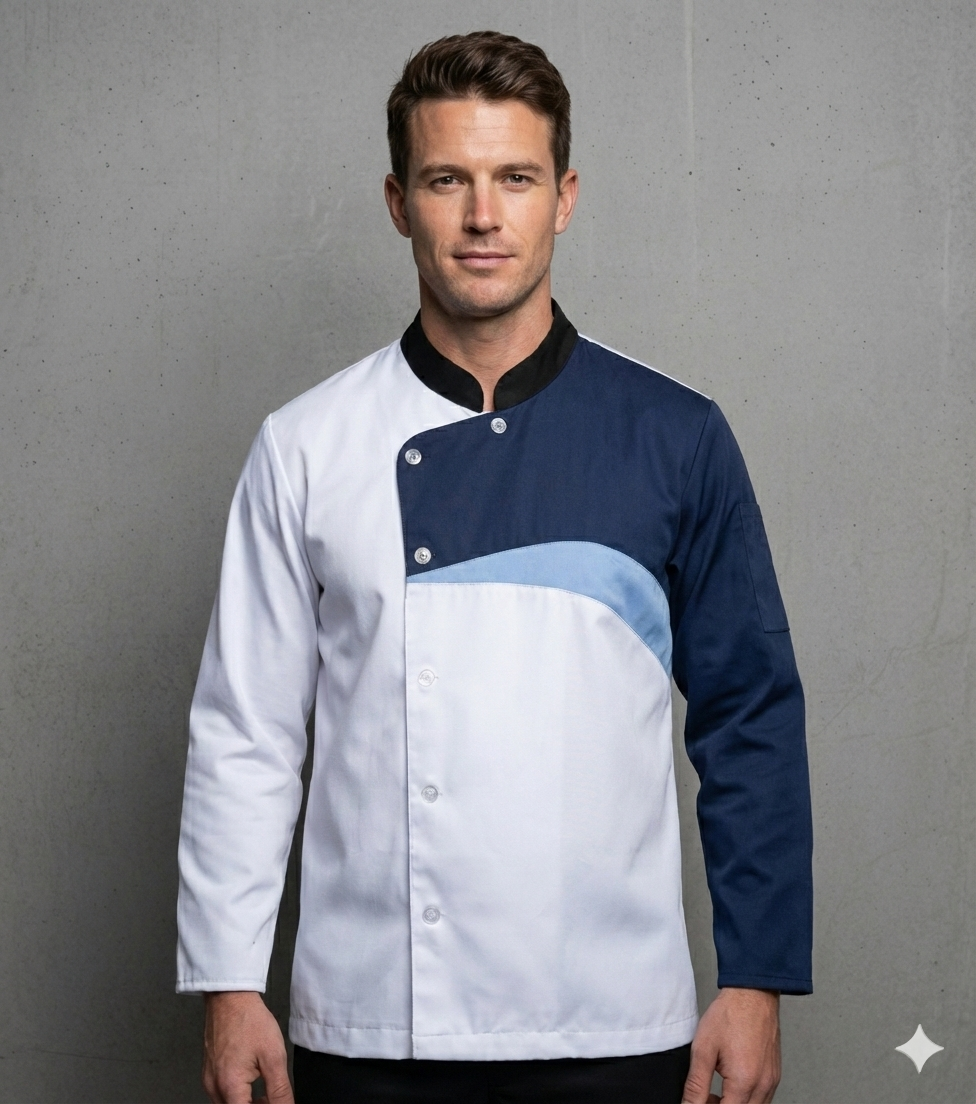 EXECUTIVE WHITE CHEFCOAT WITH NAVY AND SKY BLUE DESIGN
