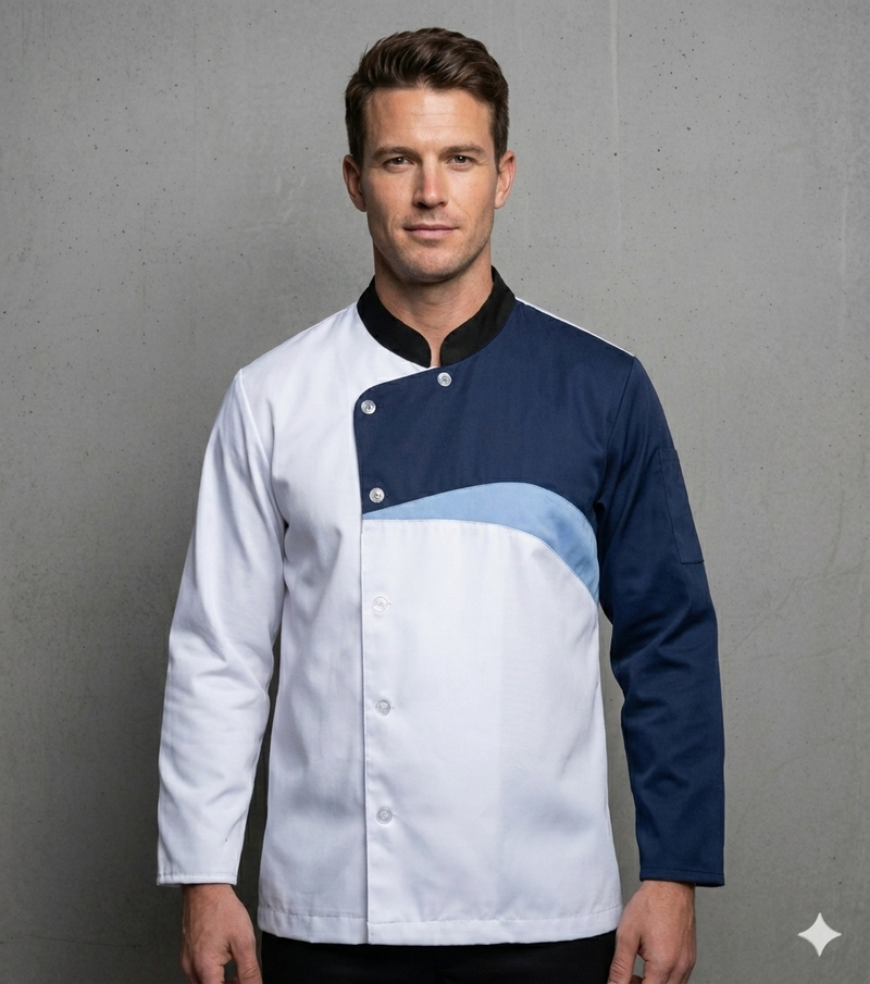 EXECUTIVE WHITE CHEFCOAT WITH NAVY AND SKY BLUE DESIGN