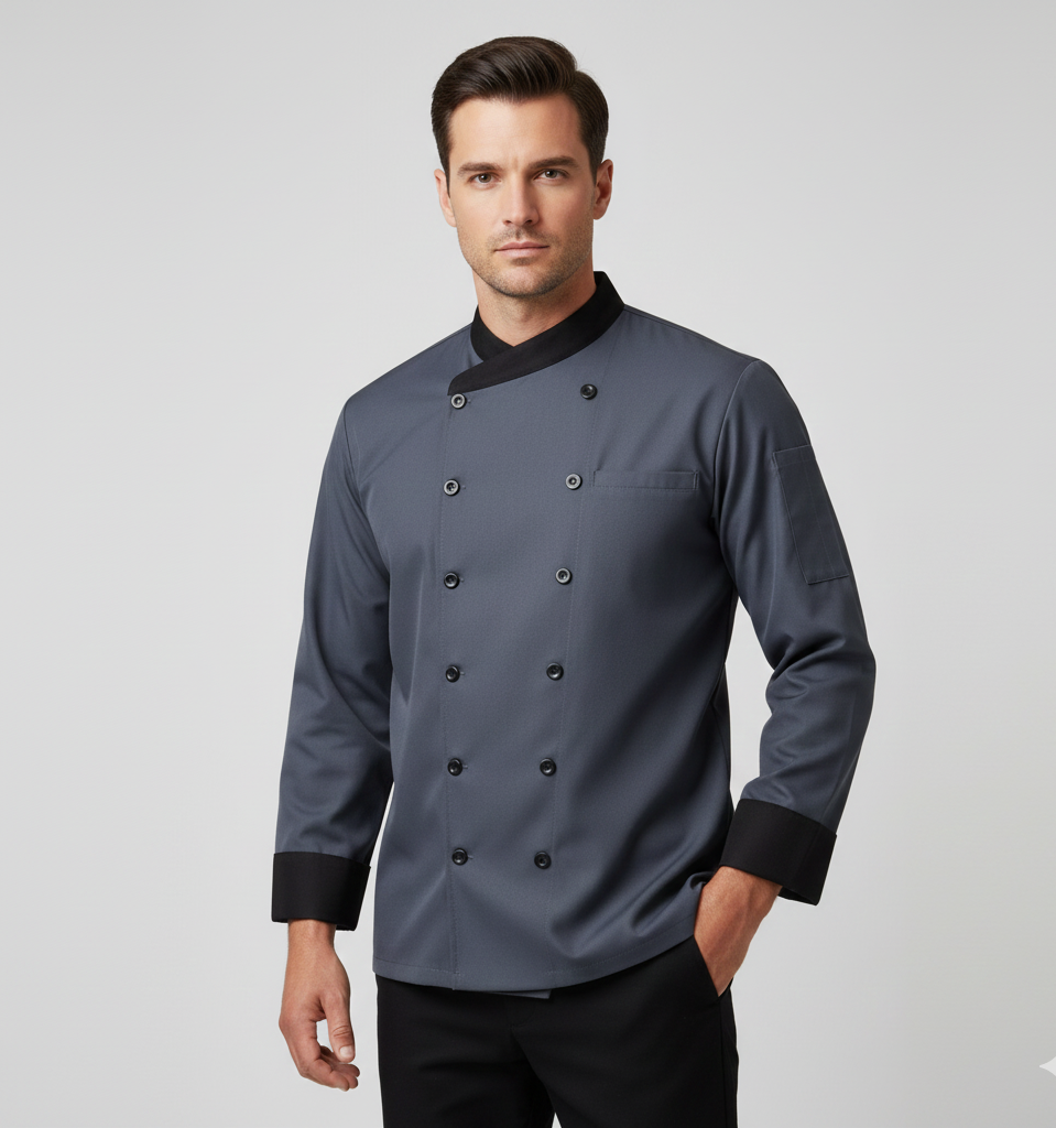 DARK GRAY CHEFCOAT WITH BLACK COLLAR