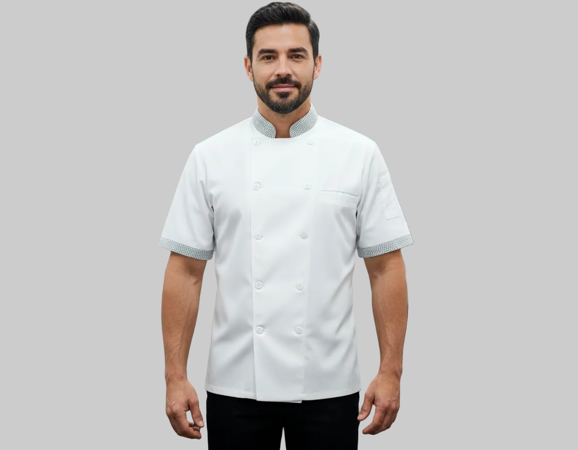 WHITE CHEFCOAT WITH CHECK COLLAR AND SLEEVE END