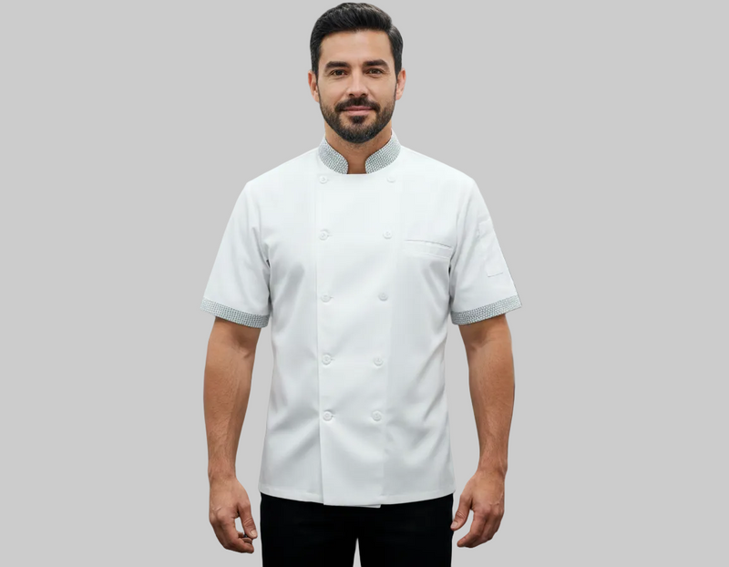 WHITE CHEFCOAT WITH CHECK COLLAR AND SLEEVE END