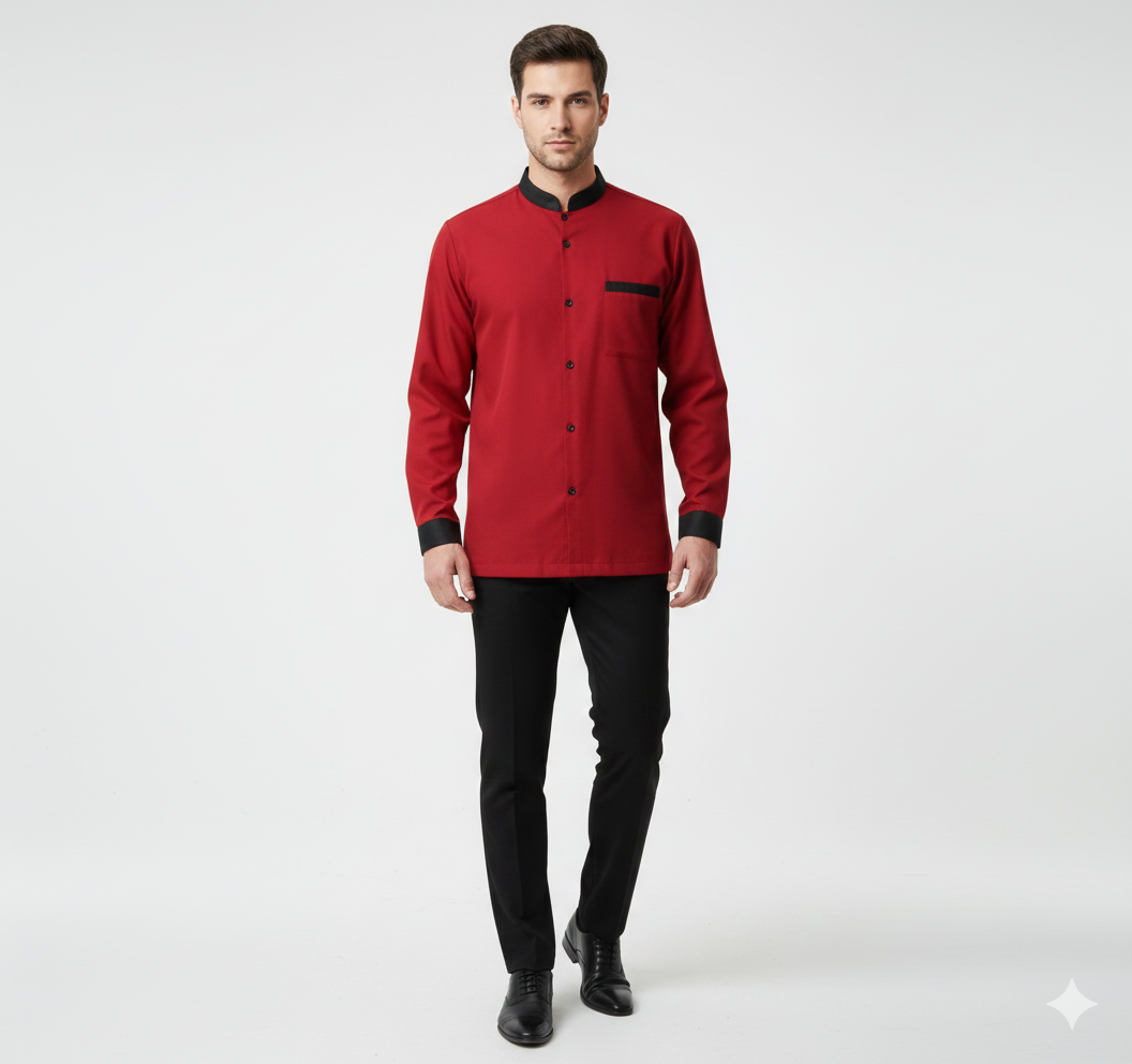 RED HOUSEKEEPING COAT WITH BLACK COLLAR
