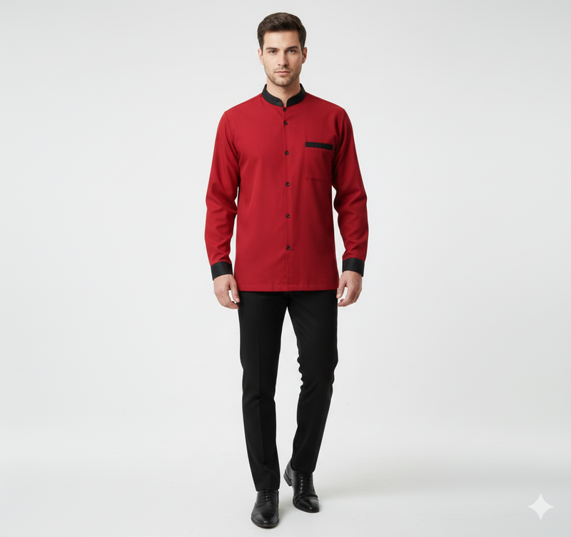 RED HOUSEKEEPING COAT WITH BLACK COLLAR