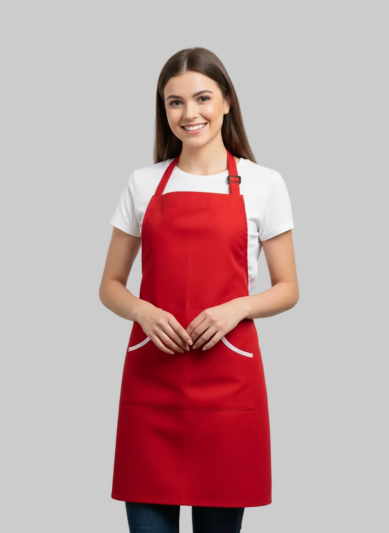 RED APRON WITH WHITE PIPING
