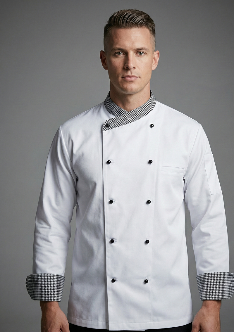 WHITE CHEFCOAT WITH CHECK COLLAR